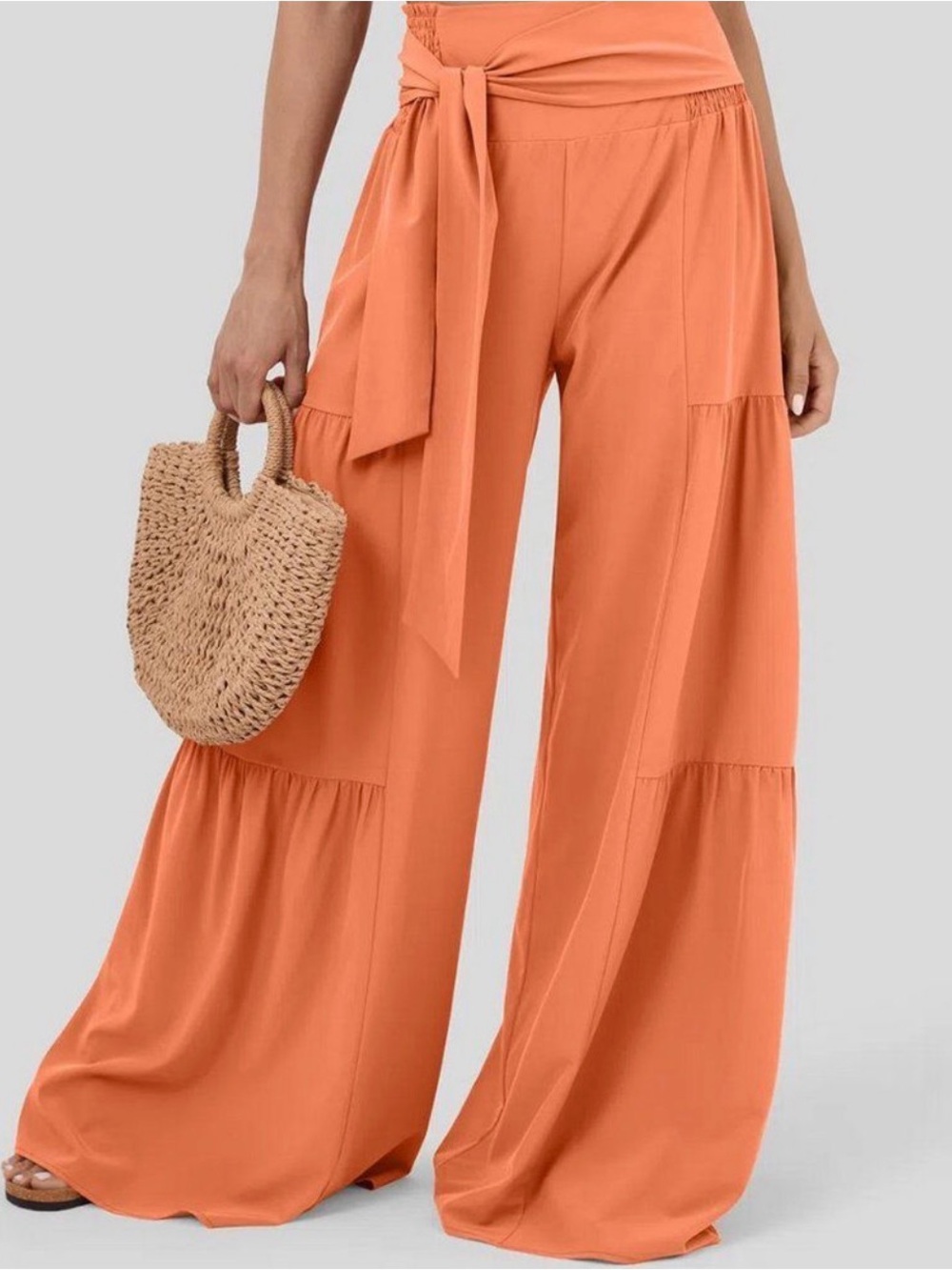 Halara Breezeful Smocked Tie Waist Tiered Flowy Boho Wide Leg Orange Pants L